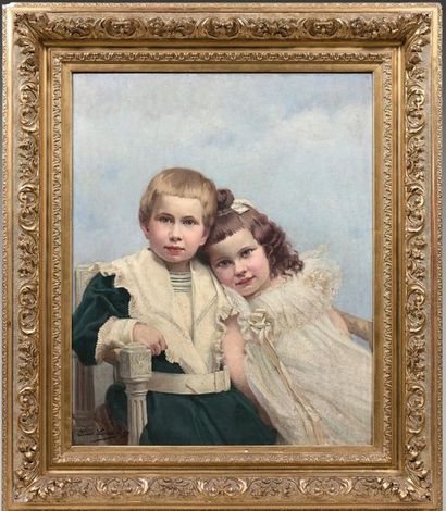 Louise Amélie LANDRE (1852-?) 
Portrait de deux jeunes enfants assis dans un fauteuil
Toile....