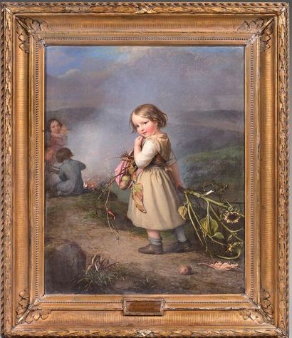 August van der EMBDE (Cassel 1780-1862) 
Enfants avec une branche de tournesol
Toile....