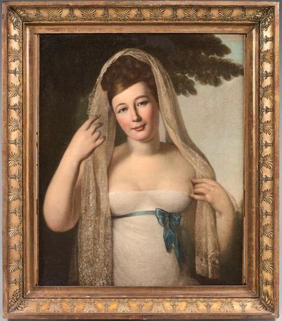 ÉCOLE FRANÇAISE VERS 1820 
Portrait de jeune femme dans un parc
Toile.
72 x 58 c...