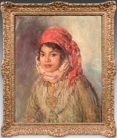 Edouard VERSCHAFFELT (1874-1955) 
Portrait of a young girl with a red turban
Oil...