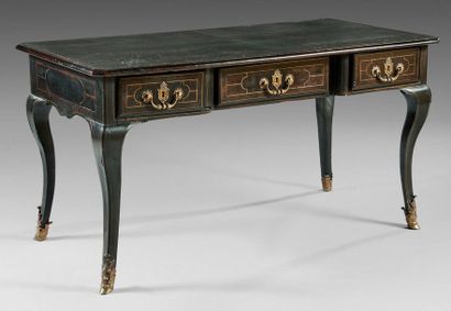 null Flat desk in blackened pearwood veneer adorned with brass fillets; rectangular...
