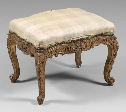 null Carved and gilded oak stool; the crosspieces with openwork rocaille cartouches;...