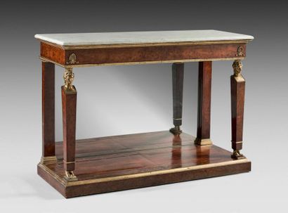 null High console in burr yew veneer with finely chiselled and gilded bronze decoration;...