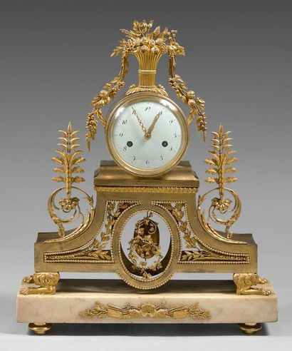 null Chiseled and gilded bronze mantel clock; at the damping a basket loaded with...