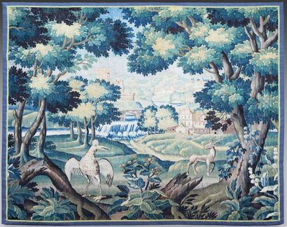 null Tapestry fragment of greenery decorated with a bird and a deer on a background...
