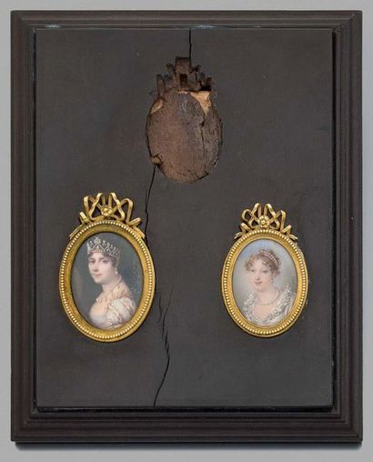 null Rare rectangular ebony frame inlaid on the lower part of two miniature portraits...