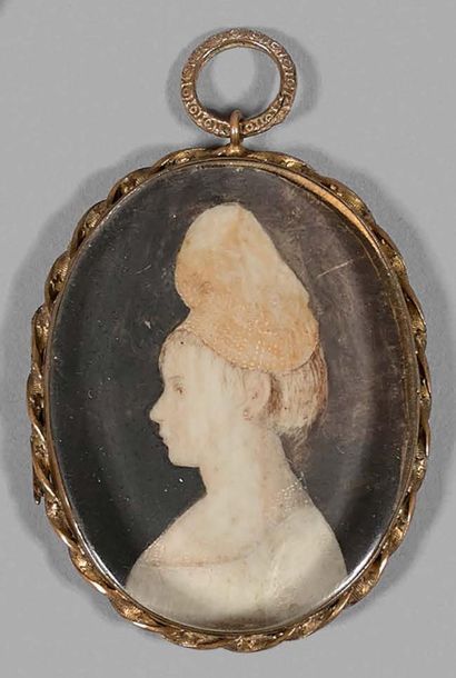 null Oval miniature on ivory: portrait of a young woman in profile, wearing a Phrygian...