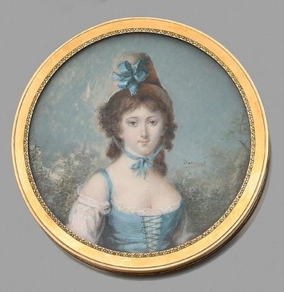 François DUMONT (1751-1831), suiveur de 
Portrait de femme en robe bleue
Miniature...