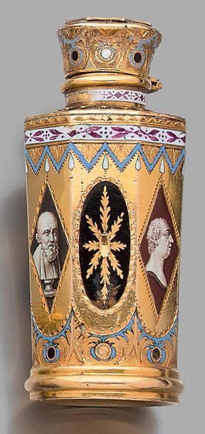 null Octagonal bottle with a round base in 750-thousandths gold, hinged, with polychrome...