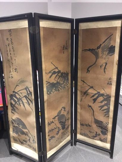 CHINE Screen with three rectangular leaves, Indian ink, landscapes with bamboo, river,...