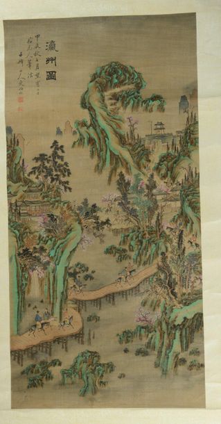 CHINE Painted scroll, painting on silk depicting a river landscape with rocks, mountains,...
