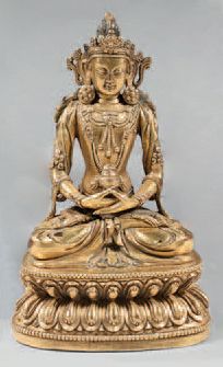 TRAVAIL SINO-TIBETAIN Statuette de bouddha Amithayus assis en padmasana sur le double...