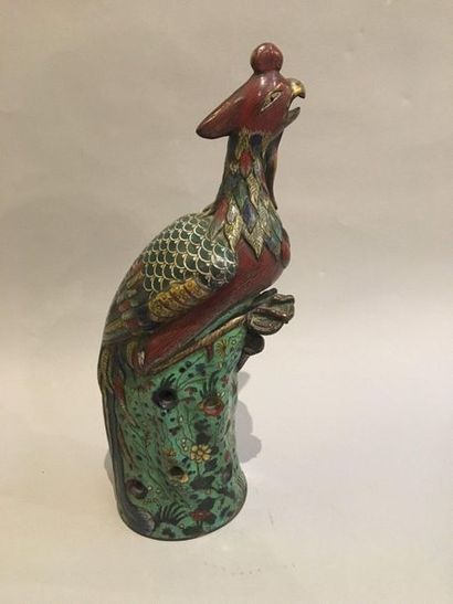 CHINE Belle et rare figurine en bronze cloisonné et bronze doré représentant un phénix...