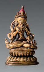 TIBET Statuette en bronze doré et polychromie de Vajradhara assis en position du...