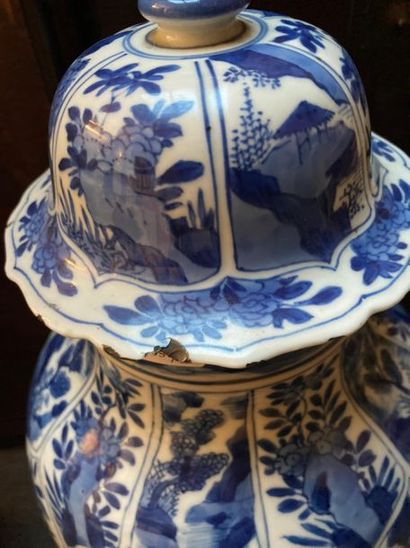 CHINE Paire de potiches couvertes de forme balustre en porcelaine, décorées en bleu...