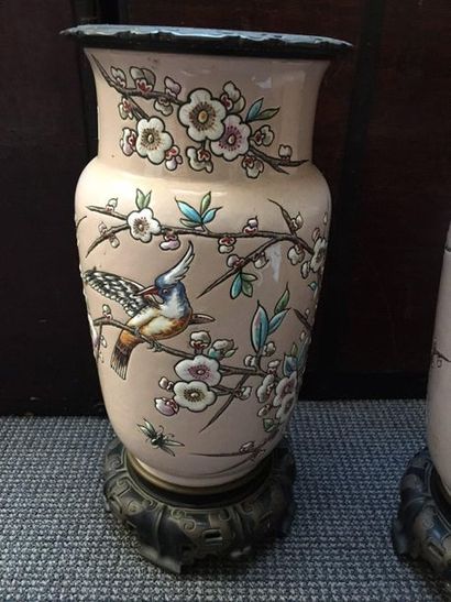 France Pair of cylindrical vases with narrow necks in ceramic with pink background,...