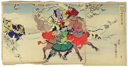 null Triptych representing a Samurai fight in a snowy landscape.
Print.
KUNI-MASA...