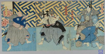 null Triptych depicting four Samurai.
Print.
TOYO-KUNI (worn). 
 Attached are two...