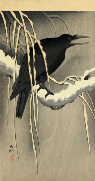 null Raven on a snowy branch
Print. OHARA KOSON.
Format: Hosoban.