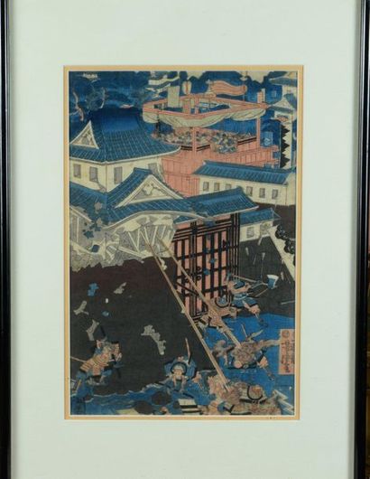null Part of a triptych depicting an attack on a castle by samurai. Print. YOSHI-TORA.
Format:...
