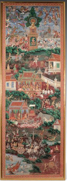 THAÏLANDE Détrempe sur toile, en hauteur à décor de scènes de la vie de bouddha.
XIXe...
