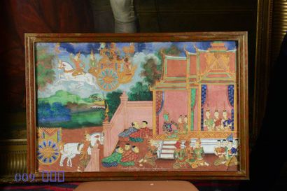 BIRMANIE Set of ten tempera on canvas, illustrated with the Buddha legend.
19th century...