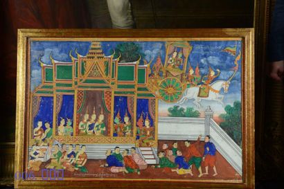 BIRMANIE Ensemble de dix détrempes sur toile, illustrées de la légende de bouddha.
XIXe...