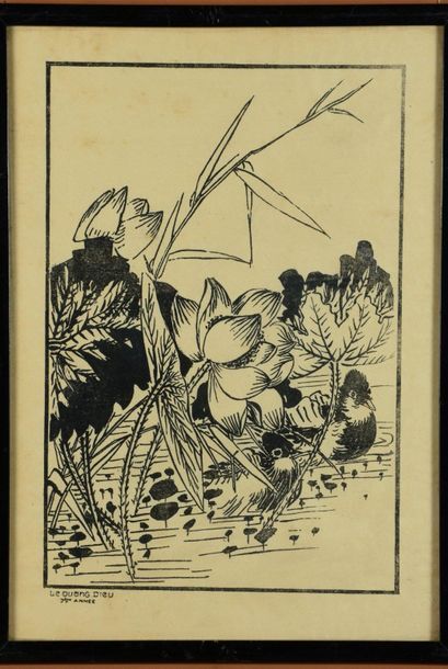 VIETNAM Deux gravures sur bois sur papier à thèmes naturalistes d'échassiers et de...