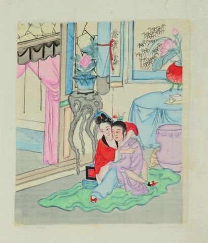 CHINE Small book of 12 paintings on silk, representing erotic scenes.
19th century....