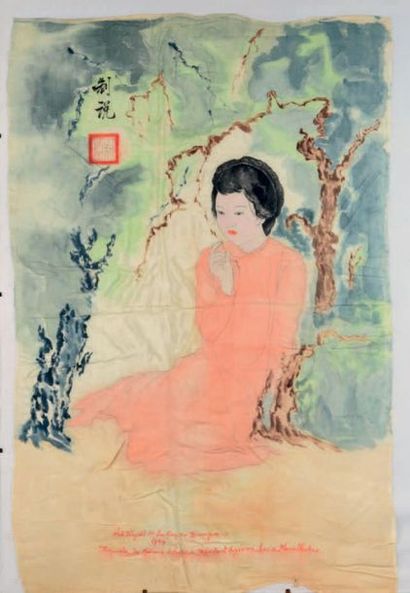 VIETNAM (Indochine française) 
Peinture sur foulard de soie - pièce unique - représentant...