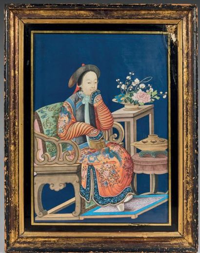 CHINE, CANTON 
Pair of gouaches on paper, a couple of dignitaries sitting on a chair...