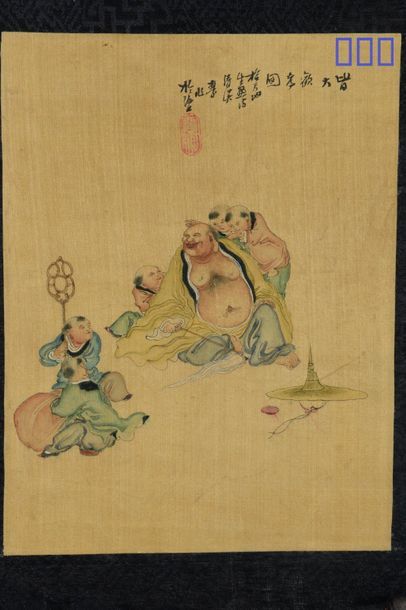 CHINE Two polychrome paintings on silk, one depicting a seated Buddha surrounded...