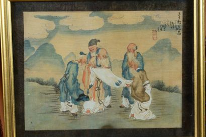 CHINE Trois peintures sur soie traitées en polychromie ayant pour sujets des lettrés...