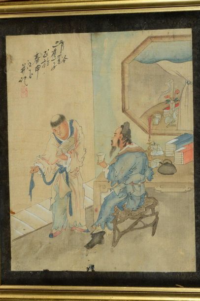 CHINE Three paintings on silk treated in polychrome with the subjects of literate...