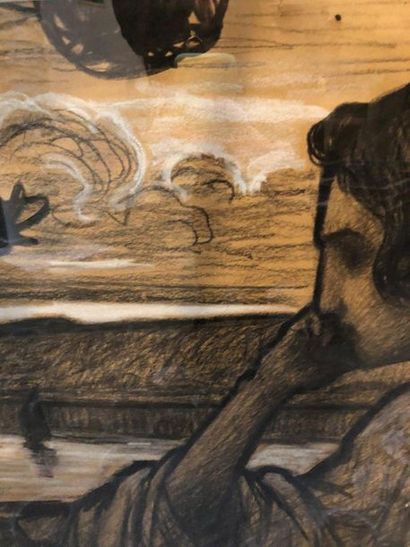 Maurice CHABAS (1862-1947) Femme pensive devant une baie 

Fusain et craie blanche...