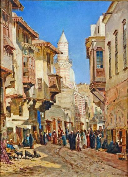 John VARLEY II (1850-1933) 
Cairo, animation in front of Emir Mindar's mosque, 1880
Oil...