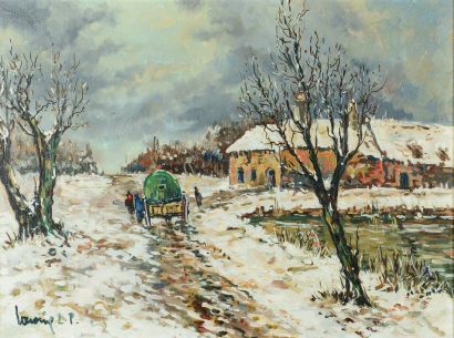 Robert L. P. LAVOINE (1916-1999) 
Neige en Corrèze
Huile sur toile, signée en bas...