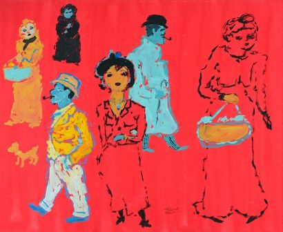 Fikret Saygi MOUALLA (1903-1967) ** Six personnages fond rouge
Gouache, signée vers...
