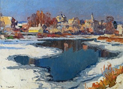 Gaston BALANDE (1880-1971) 
Village sous la neige
Huile sur toile, signée en bas...