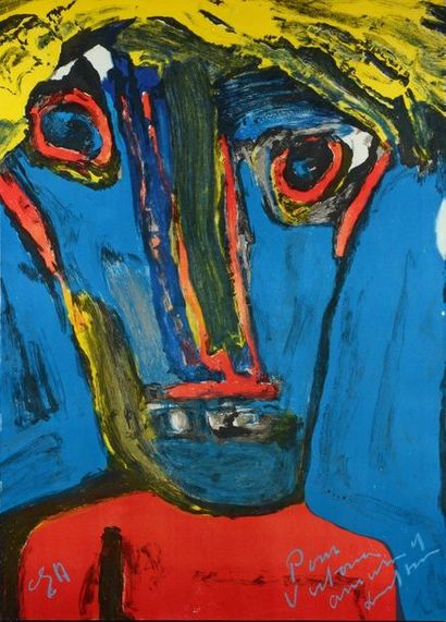 Bengt LINDSTRÖM (1925-2008) 
Head on blue background
Lithograph in colours, signed,...