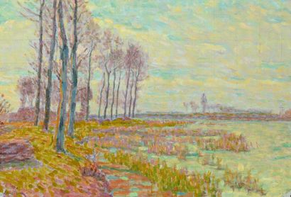 Emile ANCELET (1865-1951) 
Poplars by the pond
Oil on canvas, signed lower left.
26...