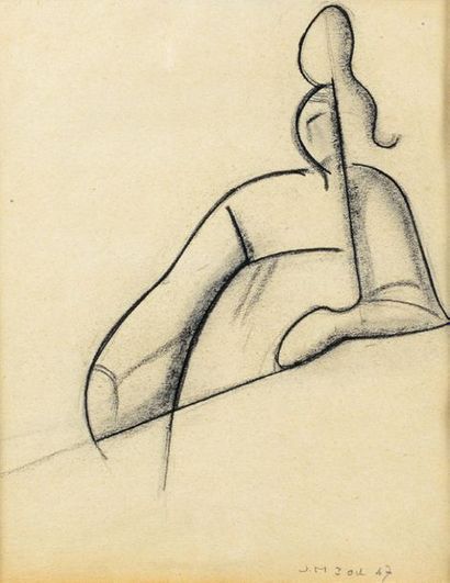 Jan et Joël MARTEL (1896-1966) Bigoudène, 1947
Fusain sur papier bistre.
Monogramme...