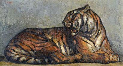 Paul JOUVE (1880-1973) 
Tigre couché
Huile sur panneau.
Signée en haut à gauche,...