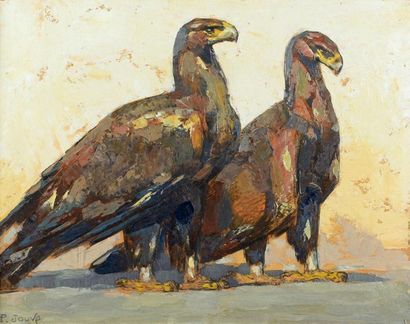 Paul JOUVE (1880-1973) 
Couple d'aigles
Huile sur papier marouflé sur carton.
Signée...