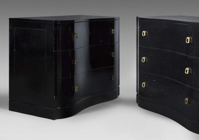 GROSFELD House 
Pair of black varnished wooden chests of drawers with three drawers...