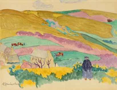 Augustin HANICOTTE (1870-1957) 
Synthetic landscape
Watercolour, signed lower left.
26...