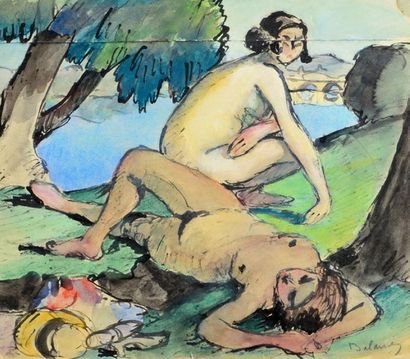 Gaston BALANDE (1880-1971) 
Les baigneuses
Watercolour, signed lower right (cut on...