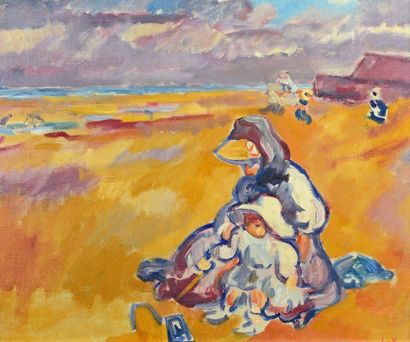 Louis VALTAT (1869-1952) 
Mère et enfant sur la plage
Huile sur toile, signée du...