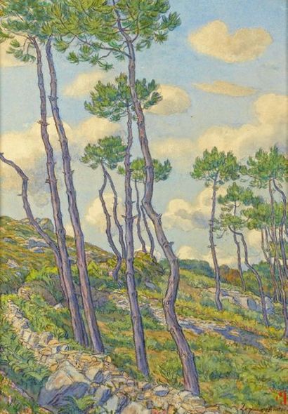 Henri RIVIERE (1864-1951) Loguivy, pins, août 1901
Aquarelle, porte le timbre des...