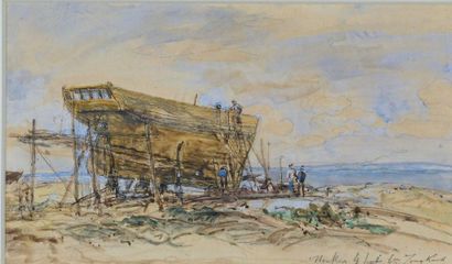 Johann-Barthold JONGKIND (1819-1891) 
Honfleur, les chantiers Leviels, 1865
Watercolor...
